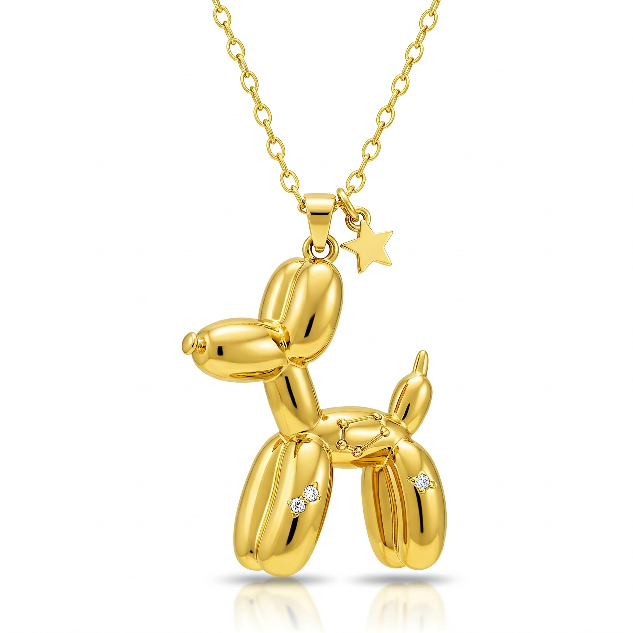 Gold Balloon Dog Pendant Necklace - Stainless Steel with Diamond-like Stones and Star Charm